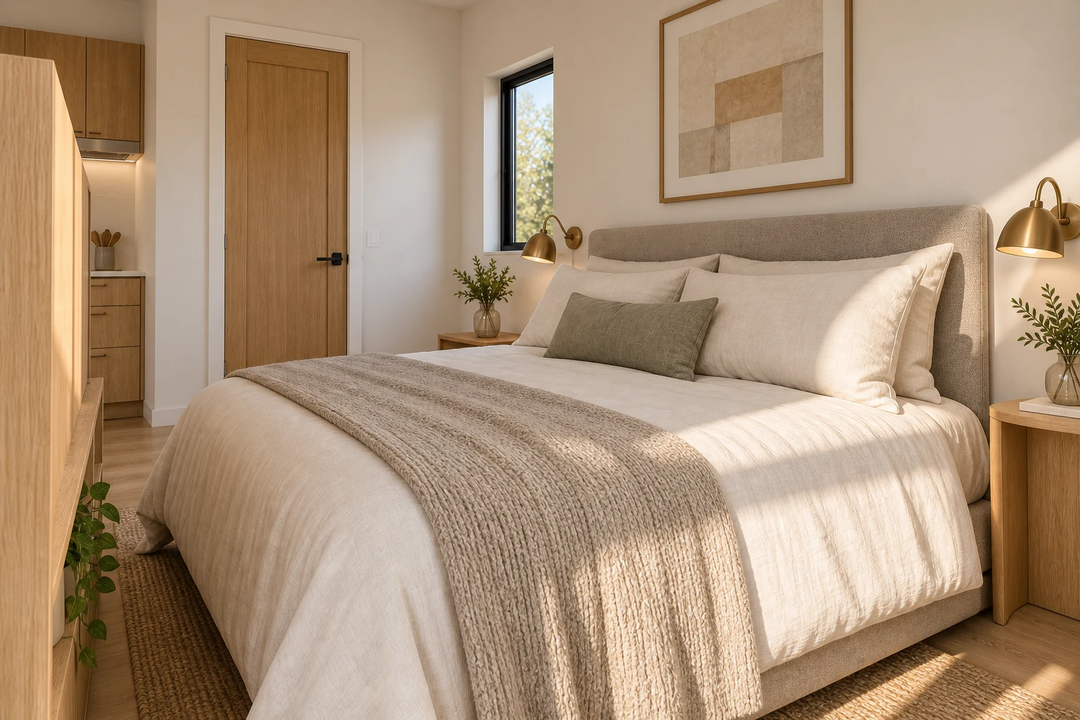 Origin sleeping area with linen bedding, a wood media divider, and a bathroom door beyond