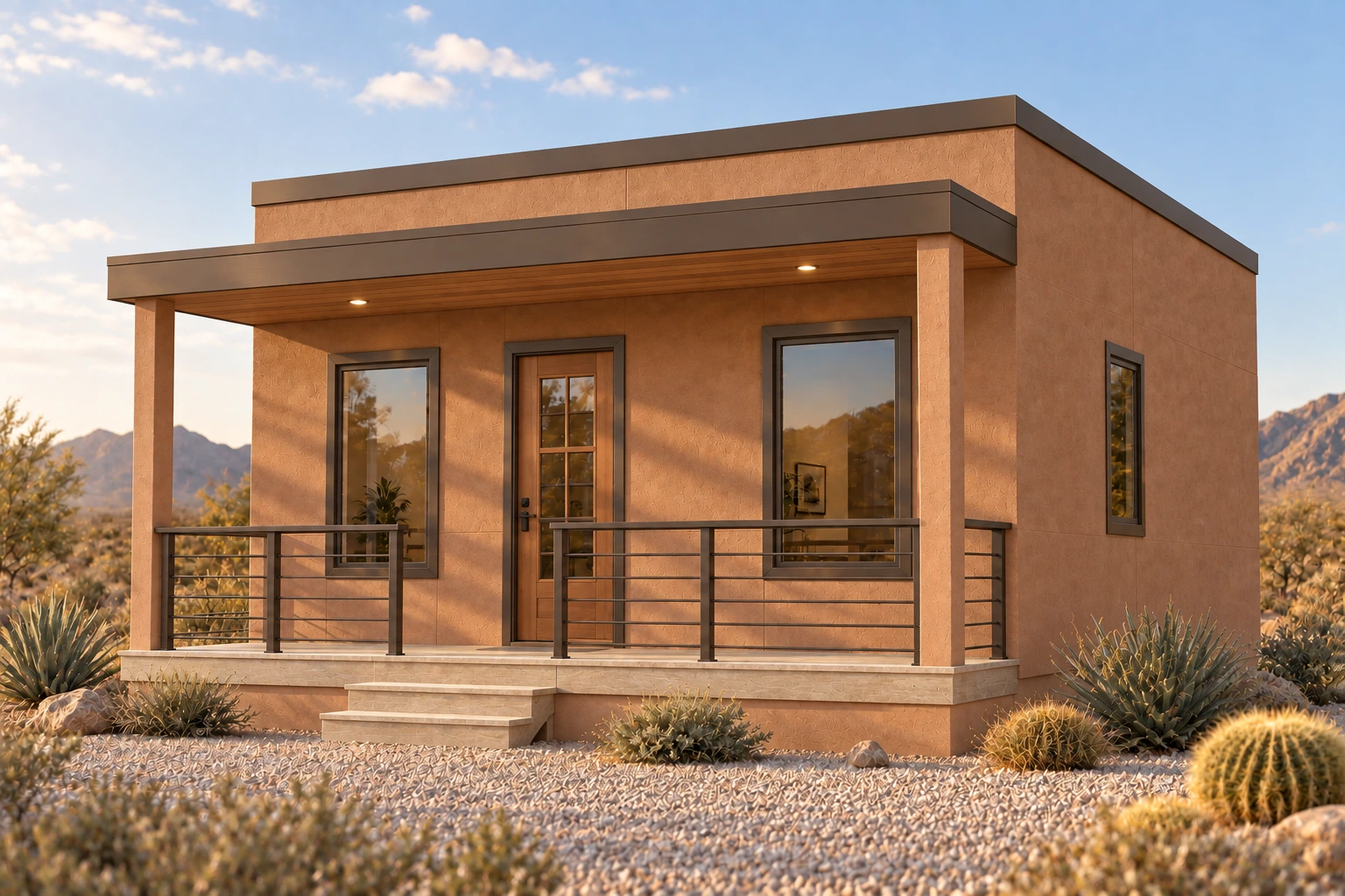 Origin 320 with clay adobe-style plaster, bronze trim and a desert landscape
