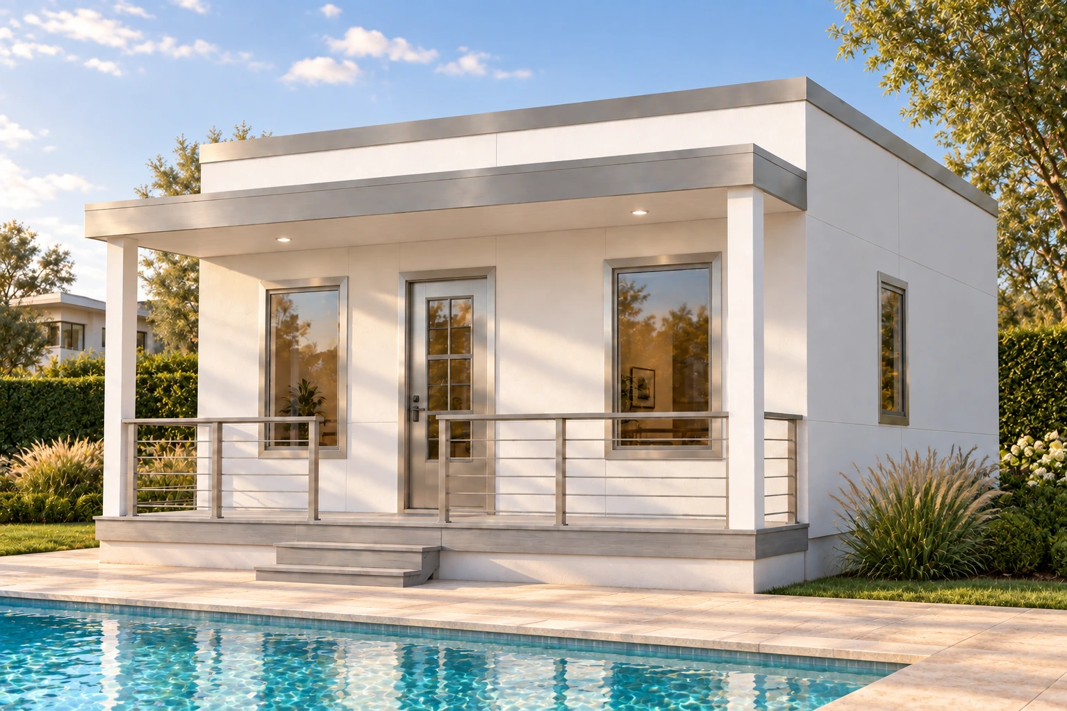 Origin 320 with white walls and stainless detailing beside a backyard pool