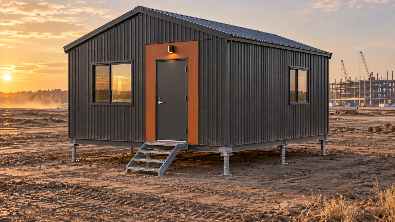 Charcoal corrugated-metal Outpost cabin with a clay-orange entry, pitched roof and exposed foundation posts on a rural construction site at sunset