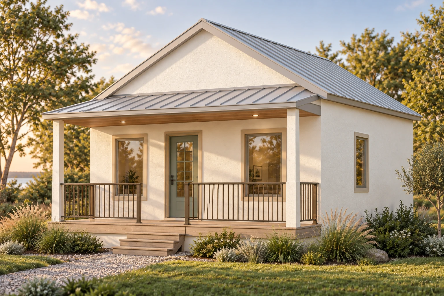 Origin 320 with a pitched gable roof, lower porch roof, white stucco, and sage door