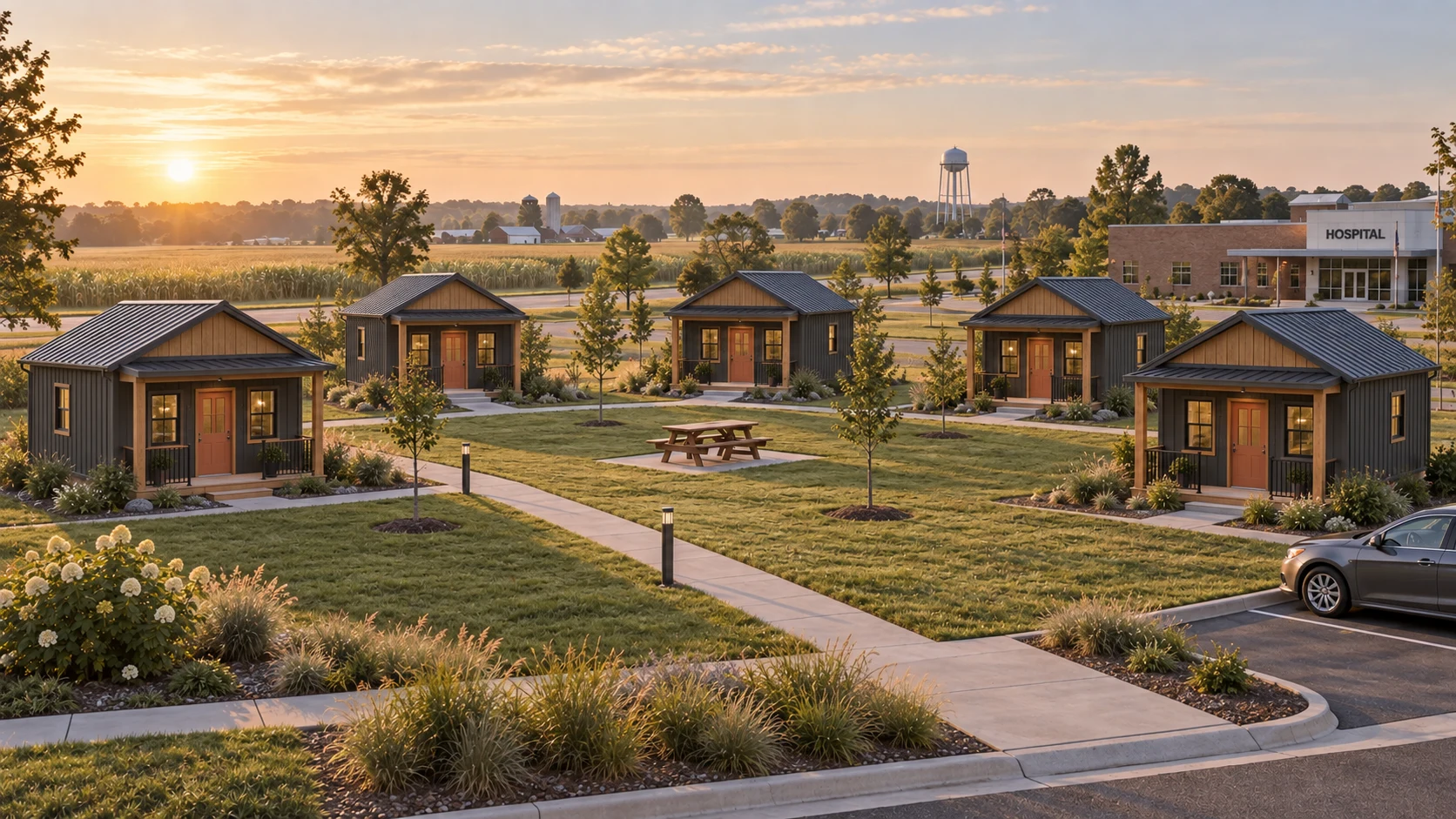 Five compact charcoal and wood-tone Haven cabins around a shared lawn near a rural hospital